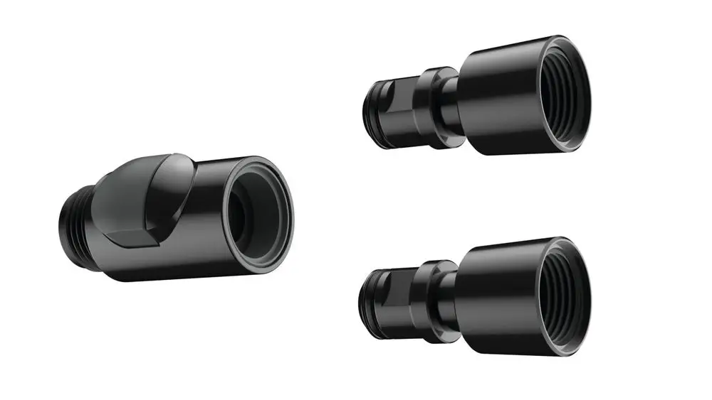 Drei schwarze Schnellkupplungen von Hansgrohe mit verschiedenen Anschlussformen, geeignet für Wasseranschlüsse oder Gartenwerkzeuge.